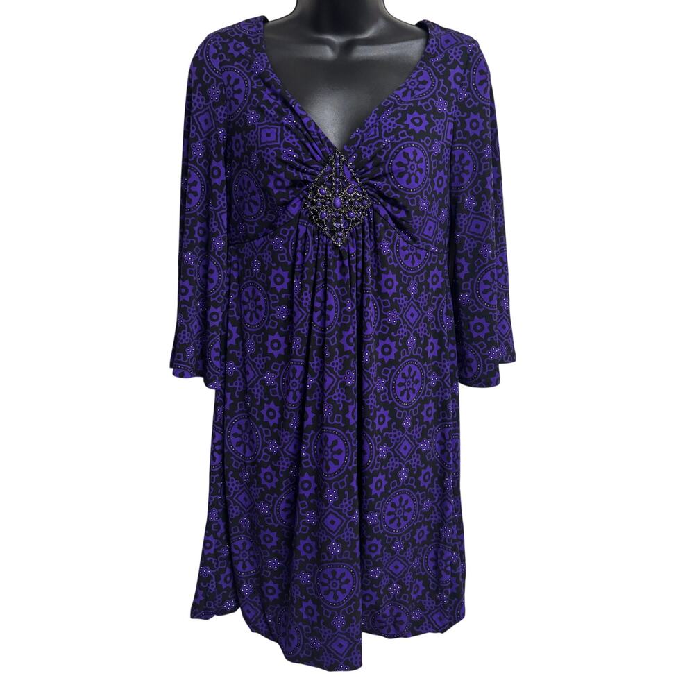 INC International Concepts Women Dress Small S Purple Black Geometic 3/4 V-Neck